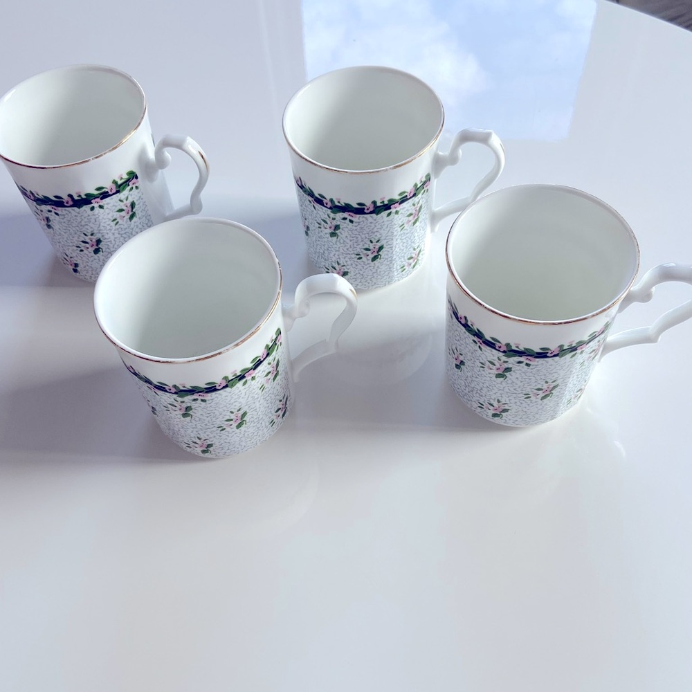Set of 4 Pink Floral Vintage Royal Stafford Fine Bone China Coffee Mugs